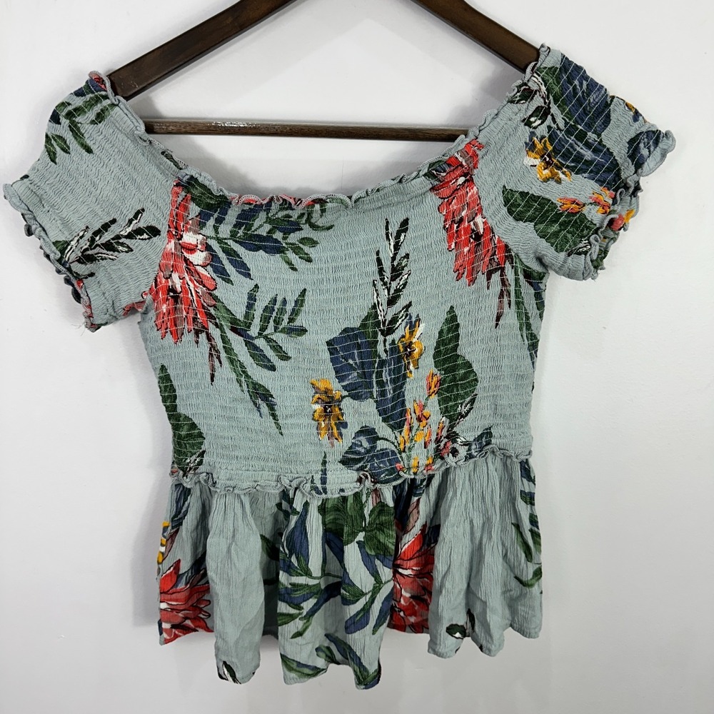 Patrons of Peace Off The Shoulder Floral Top Womens Small Blue Short Sleeve Boho - Picture 2 of 7